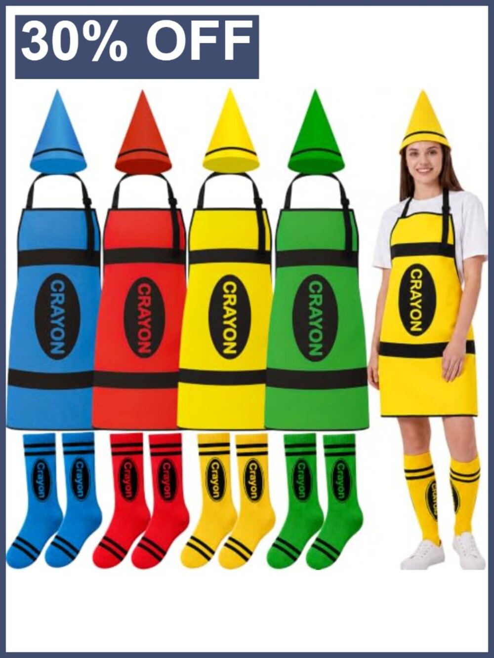 4 Set Adult Crayon Halloween Costume Apron Hat Socks Group Cosplay